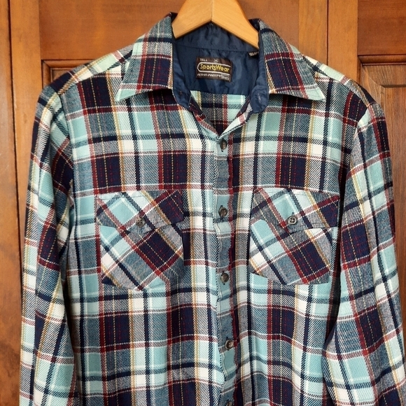 Vintage Sears SportsWear blue maroon plaid flannel button down shirt - Picture 2 of 12